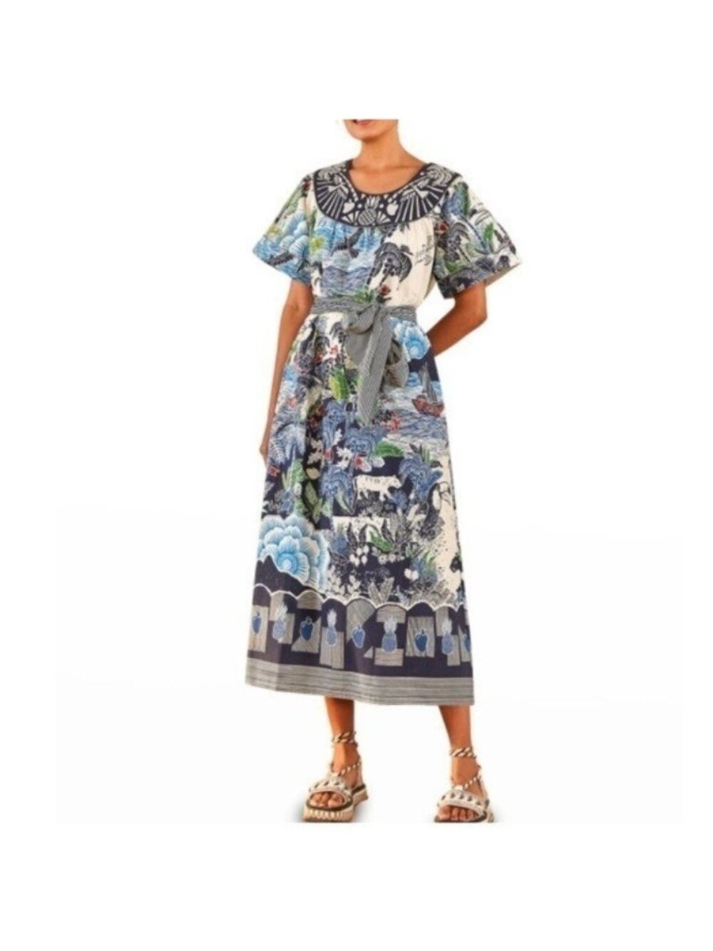 Farm Rio Tropical Floral Midi Dress Womens XS Belted Graphic Print NWT